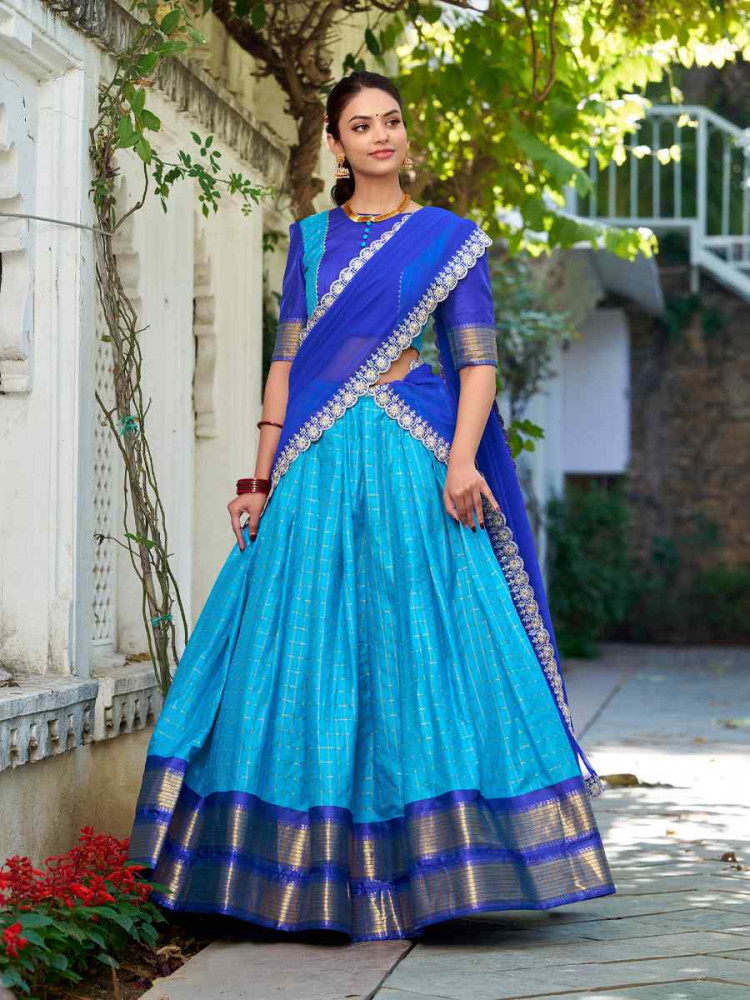 Sky Blue Zari Chex Handwoven Reception Wedding Lehenga Choli