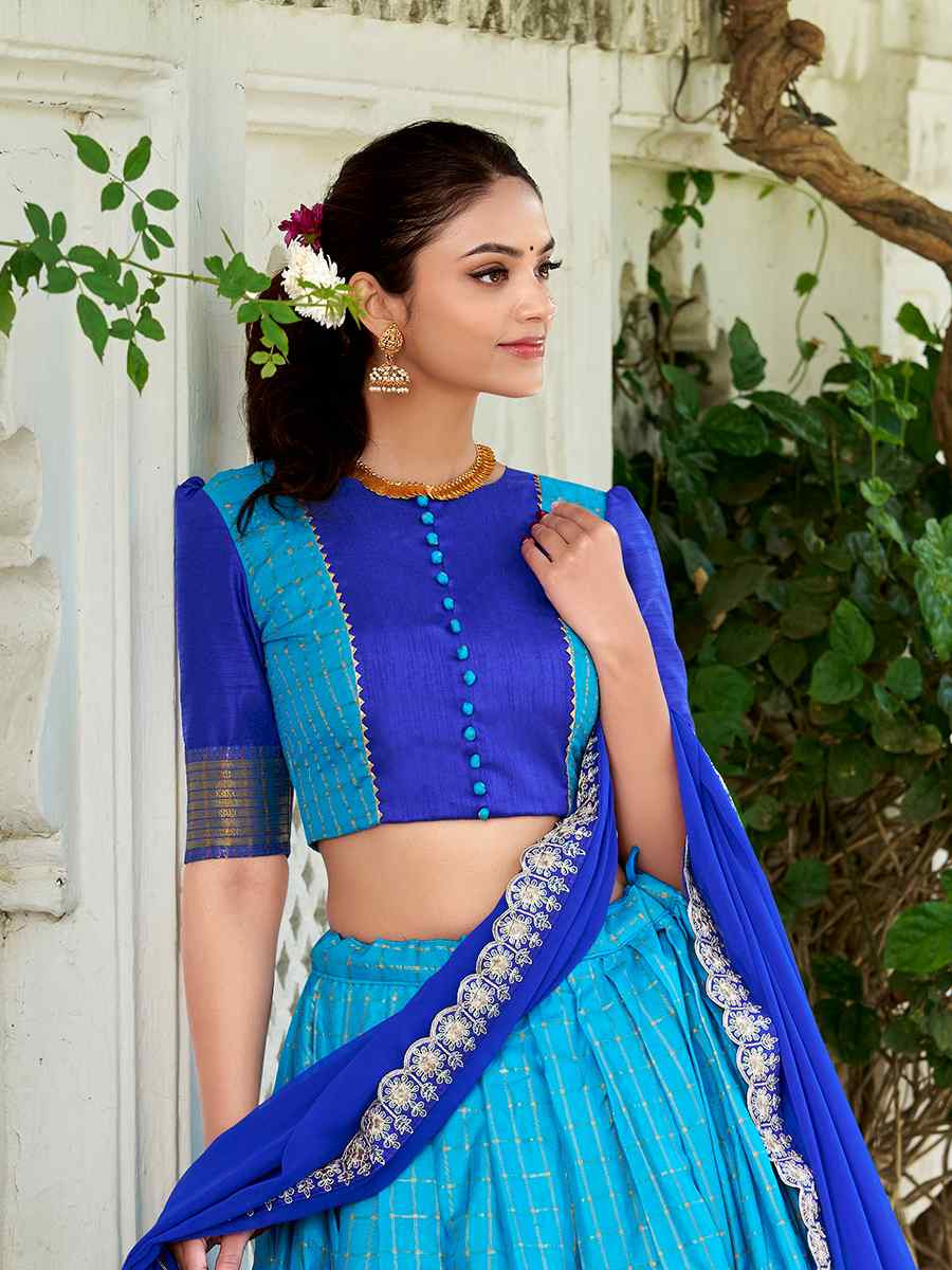Sky Blue Zari Chex Handwoven Reception Wedding Lehenga Choli