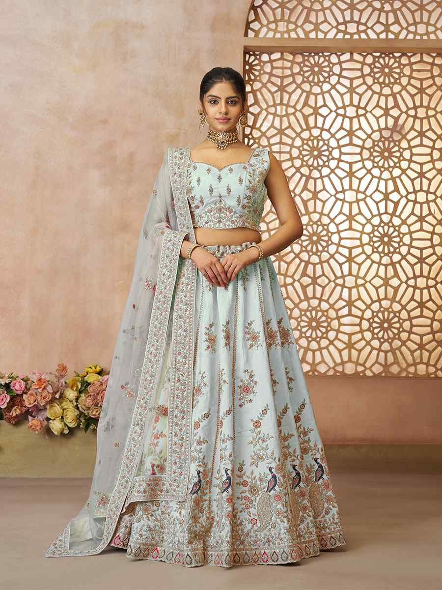 Sky Blue Zari Silk Embroidered Wedding Bridesmaid Heavy Border Lehenga Choli