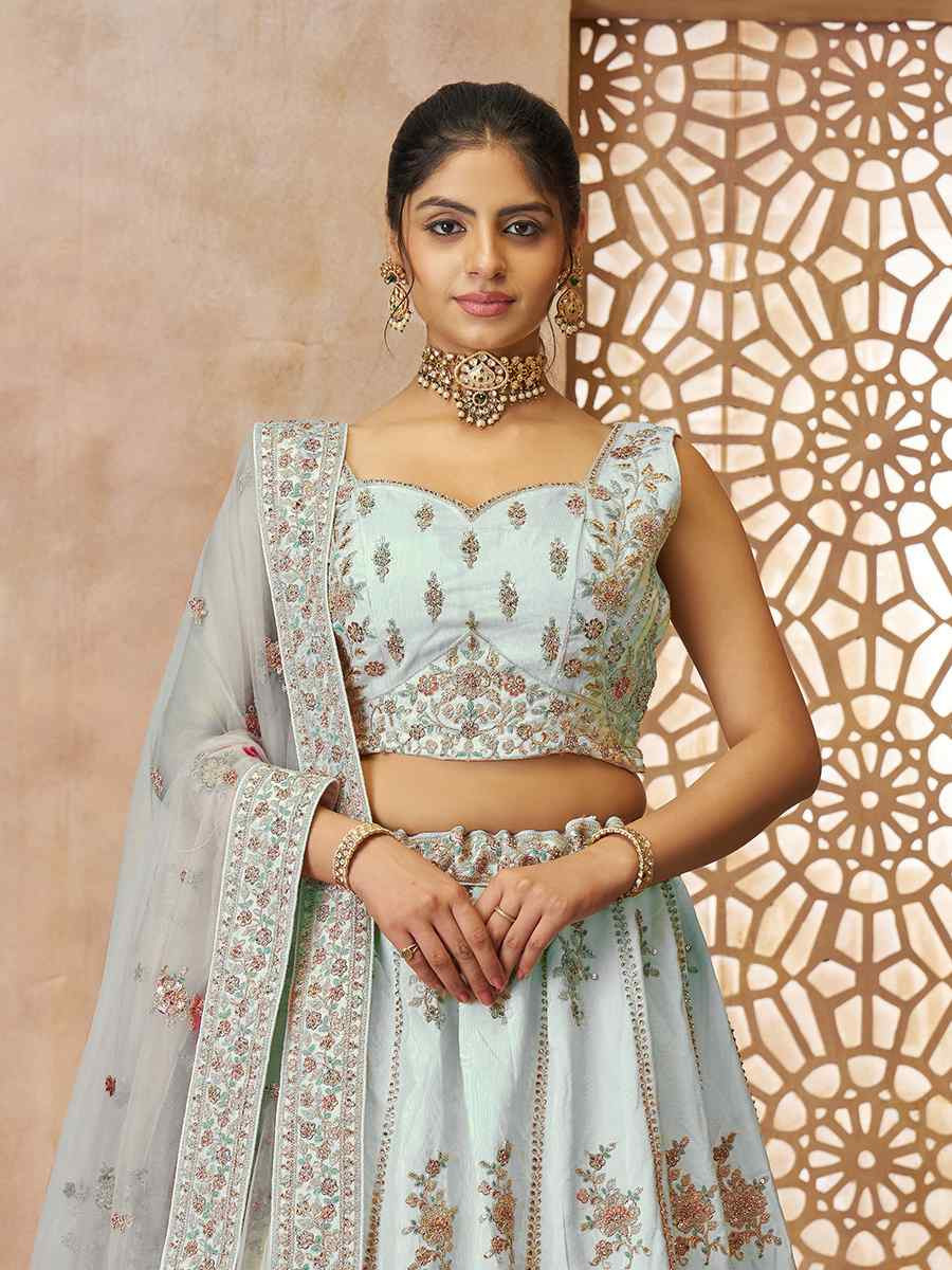 Sky Blue Zari Silk Embroidered Wedding Bridesmaid Heavy Border Lehenga Choli