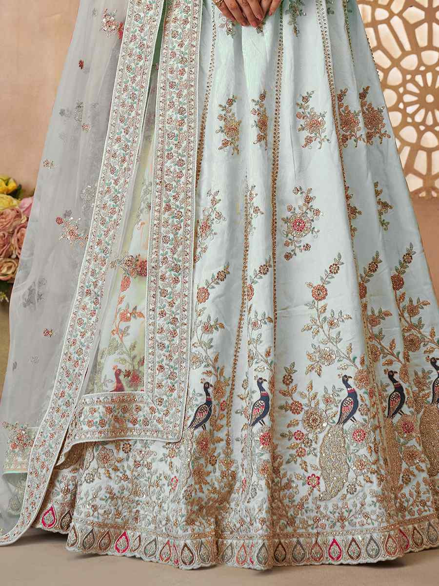 Sky Blue Zari Silk Embroidered Wedding Bridesmaid Heavy Border Lehenga Choli