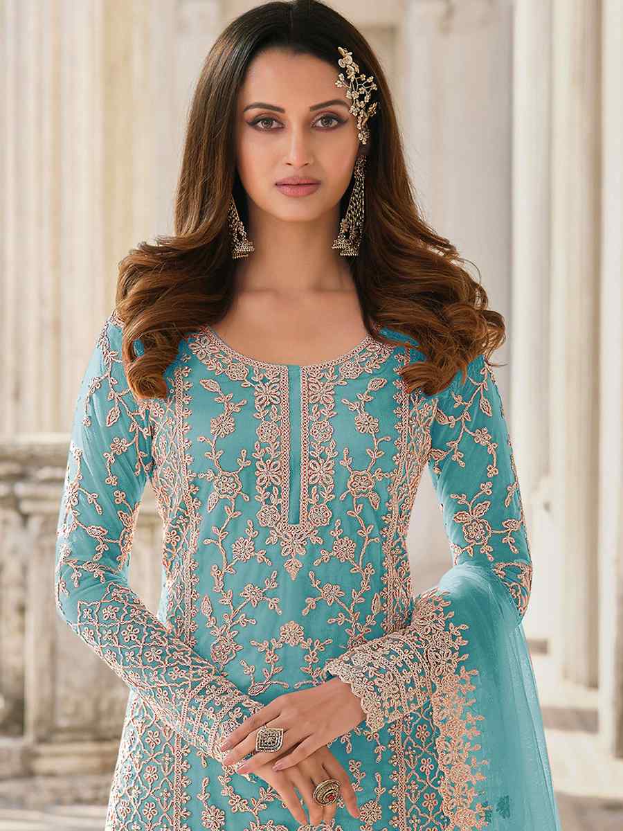 Sky Buterfly Net Embroidered Wedding Festival Pant Salwar Kameez