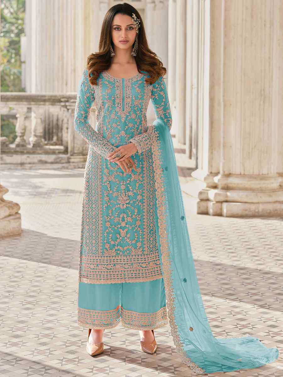 Sky Buterfly Net Embroidered Wedding Festival Pant Salwar Kameez