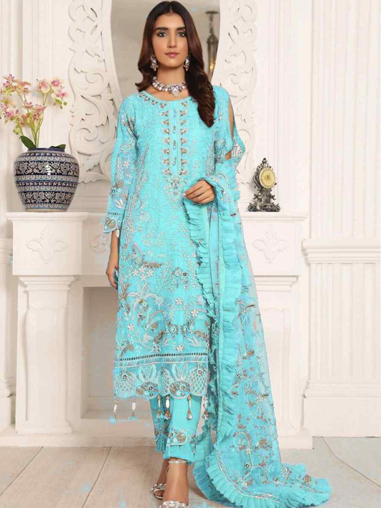 Sky Butterfly Net Embroidered Festival Party Pant Salwar Kameez