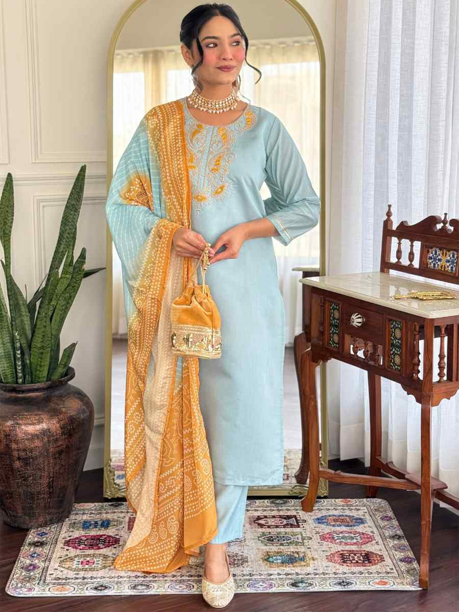Sky Chanderi Silk Embroidered Festival Mehendi Ready Pant Salwar Kameez