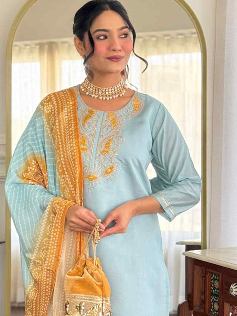 Sky Chanderi Silk Embroidered Festival Mehendi Ready Pant Salwar Kameez