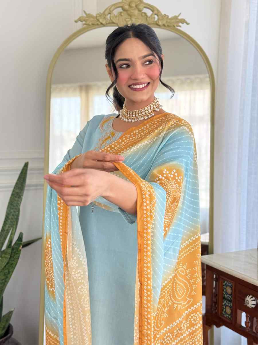 Sky Chanderi Silk Embroidered Festival Mehendi Ready Pant Salwar Kameez