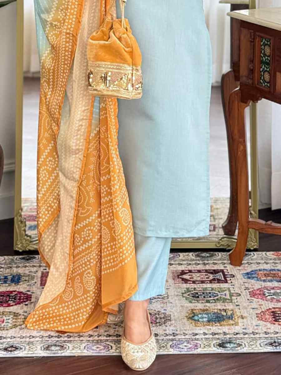 Sky Chanderi Silk Embroidered Festival Mehendi Ready Pant Salwar Kameez