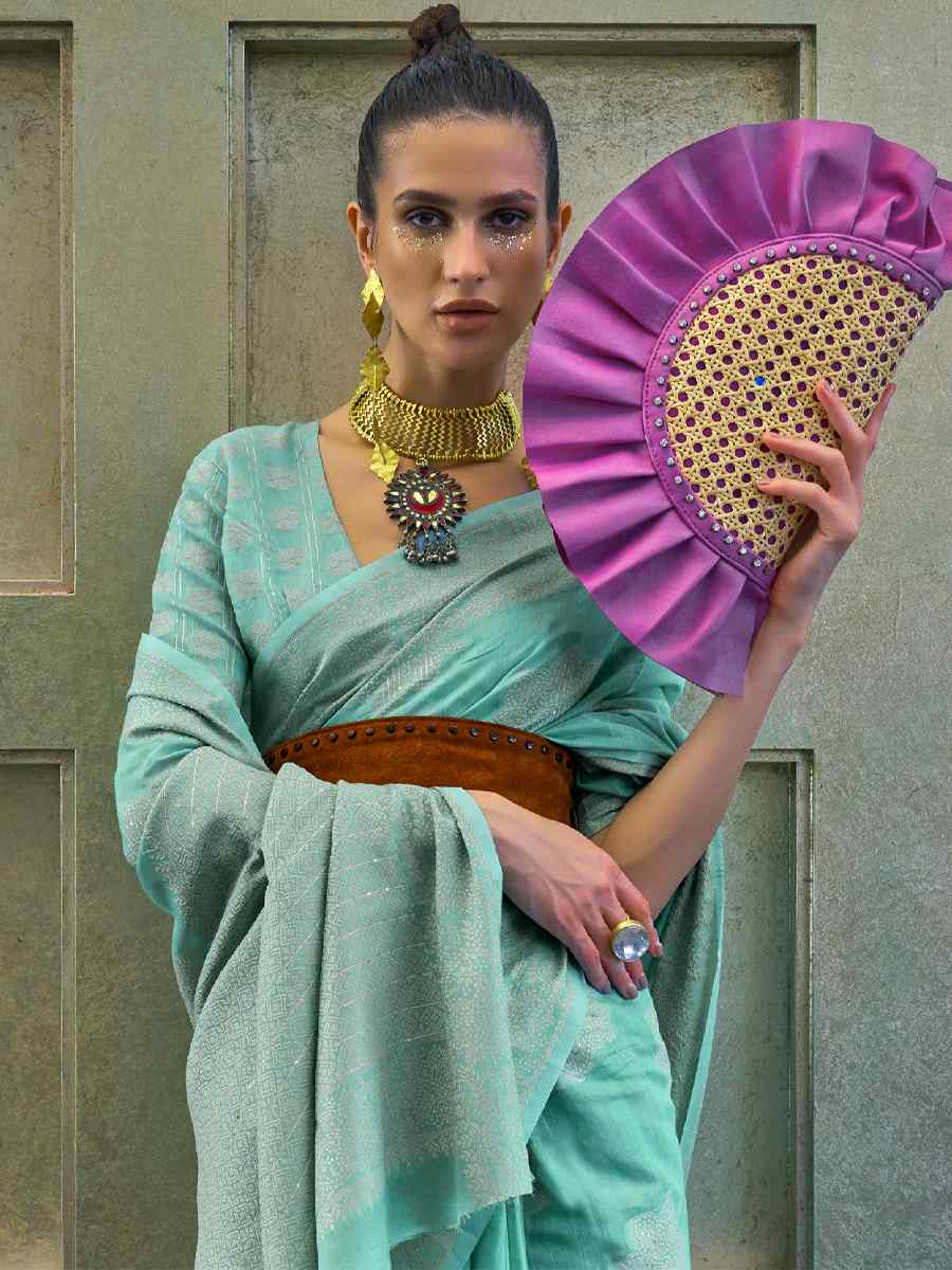 Sky Chickankari Lucknowi Silk Handwoven Party Festival Heavy Border Saree