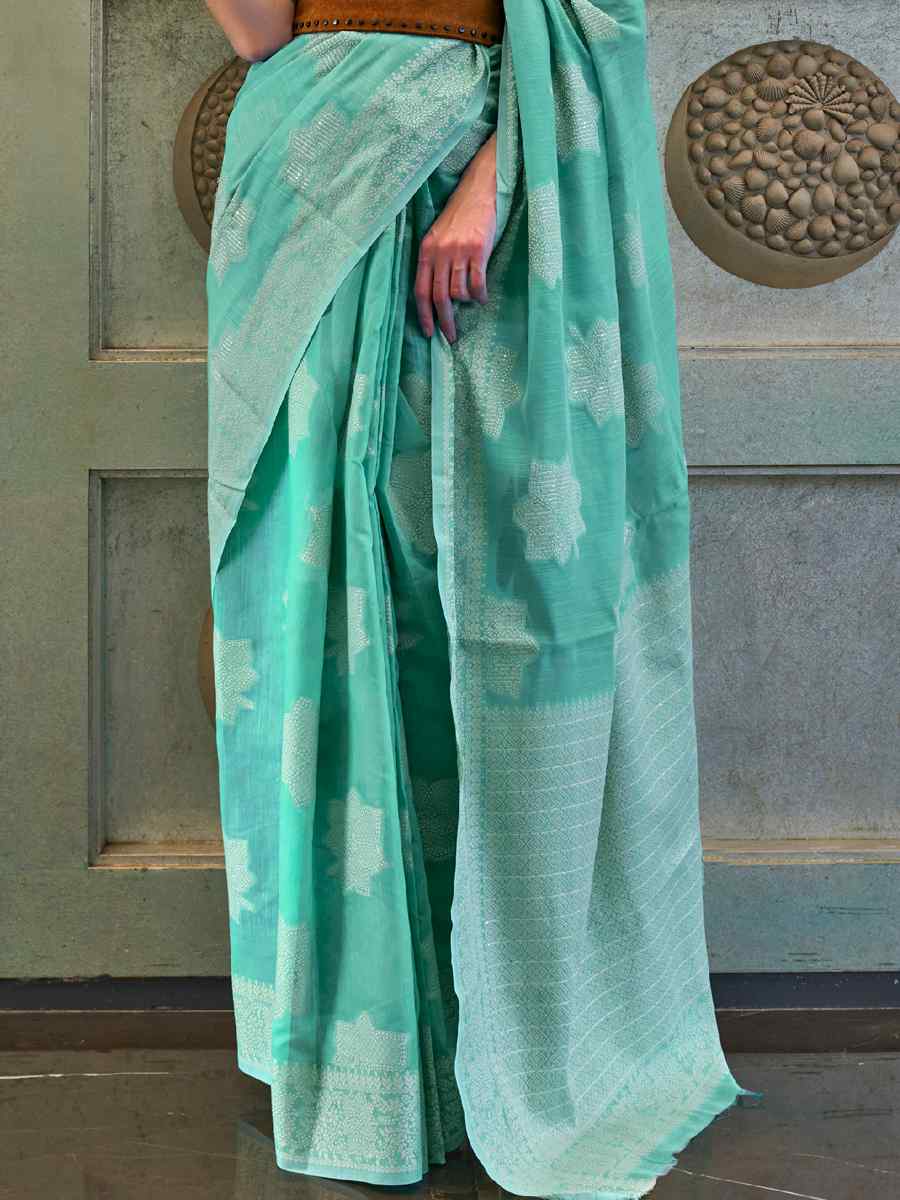 Sky Chickankari Lucknowi Silk Handwoven Party Festival Heavy Border Saree