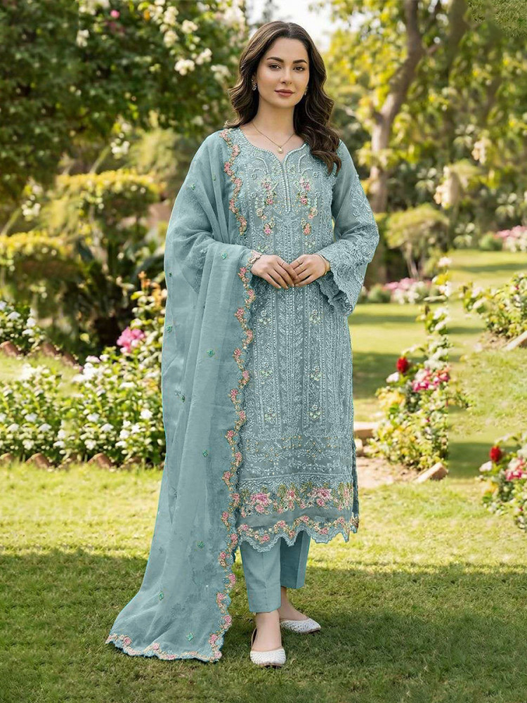 Image of Sky Chiffon Embroidery Sequins Zari Wedding Party Festival Casual Pant Salwar Kameez