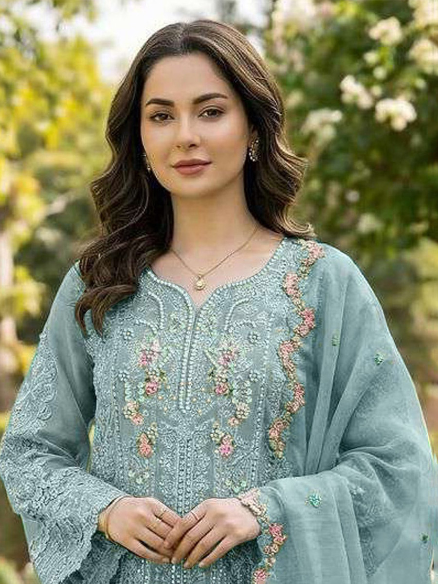 Sky Chiffon Embroidery Sequins Zari Wedding Party Festival Casual Pant Salwar Kameez