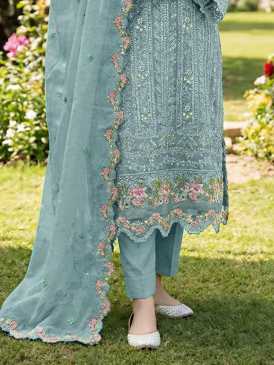 Sky Chiffon Embroidery Sequins Zari Wedding Party Festival Casual Pant Salwar Kameez