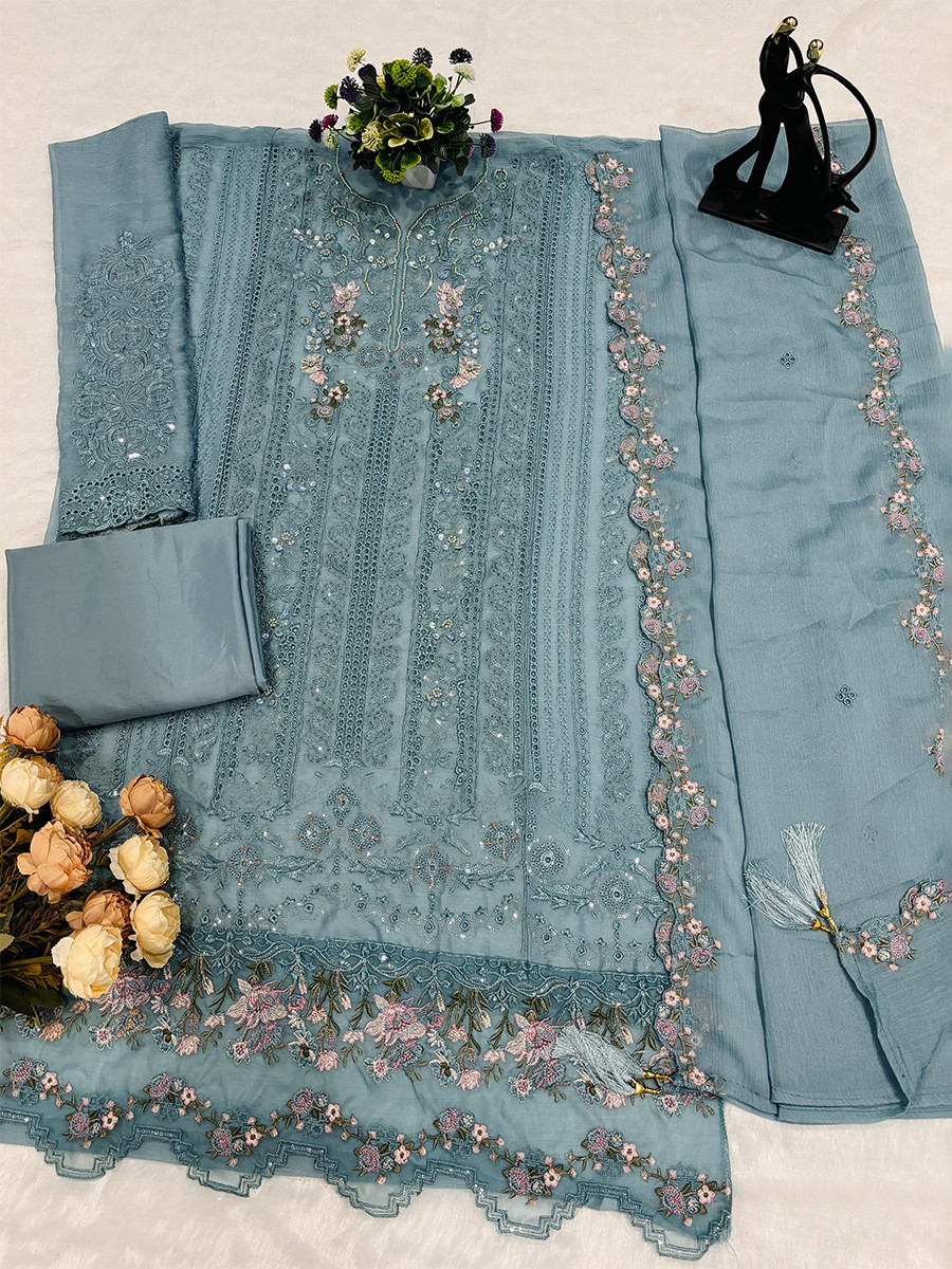 Sky Chiffon Embroidery Sequins Zari Wedding Party Festival Casual Pant Salwar Kameez