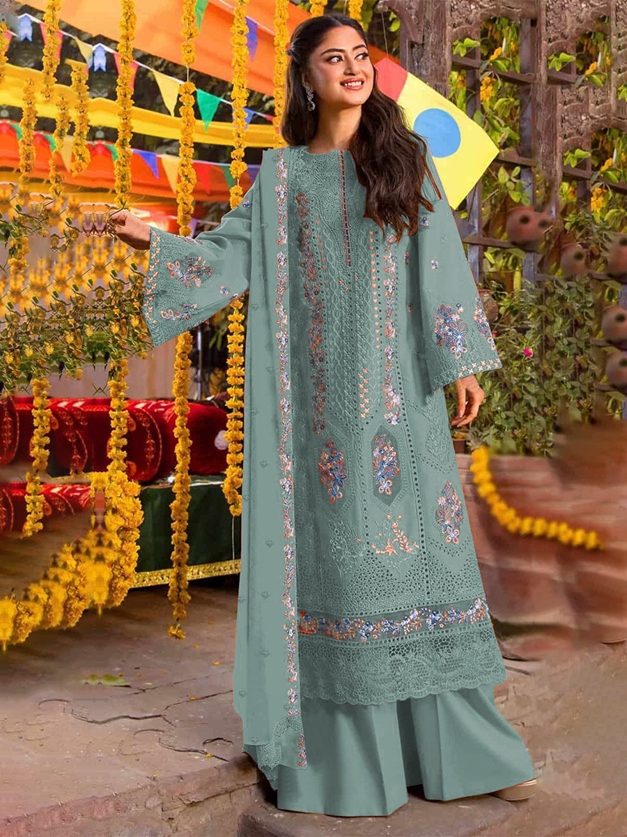 Sky Chiffon Embroidery Zari Sequins Wedding Party Festival Casual Palazzo Pant Salwar Kameez