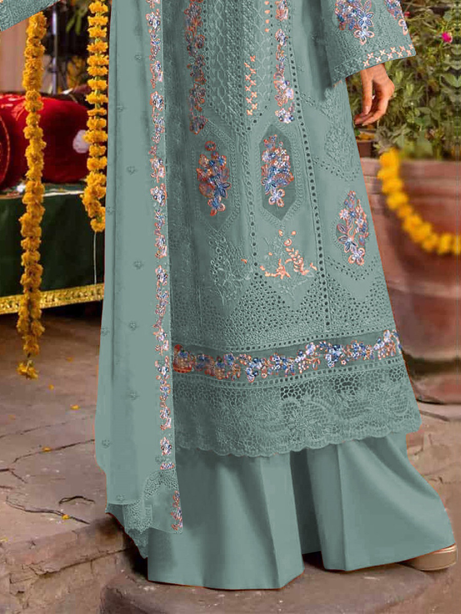 Sky Chiffon Embroidery Zari Sequins Wedding Party Festival Casual Palazzo Pant Salwar Kameez