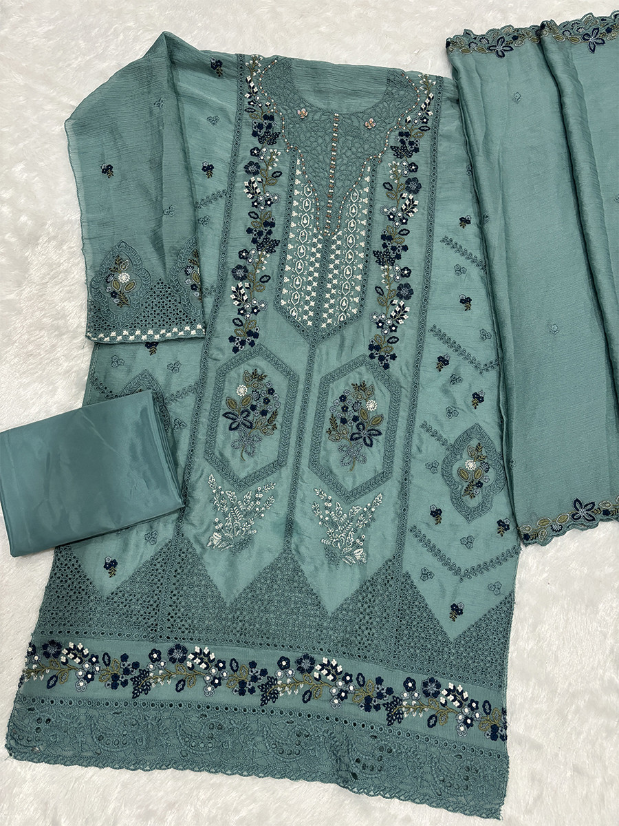 Sky Chiffon Embroidery Zari Sequins Wedding Party Festival Casual Palazzo Pant Salwar Kameez