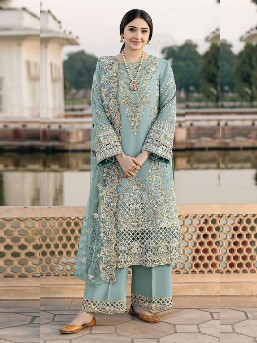 Sky Chiffon Embroidery Zari Sequins Wedding Party Festival Casual Palazzo Pant Salwar Kameez