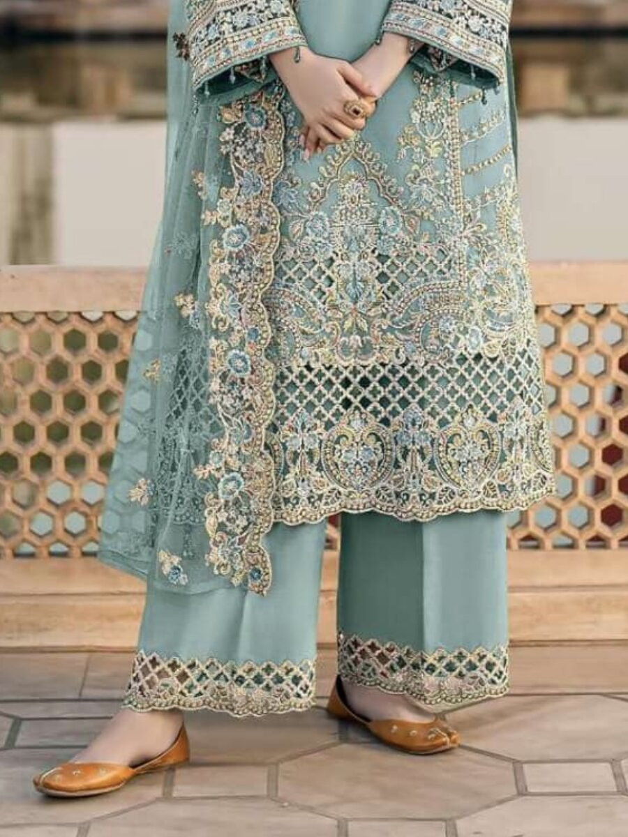 Sky Chiffon Embroidery Zari Sequins Wedding Party Festival Casual Palazzo Pant Salwar Kameez
