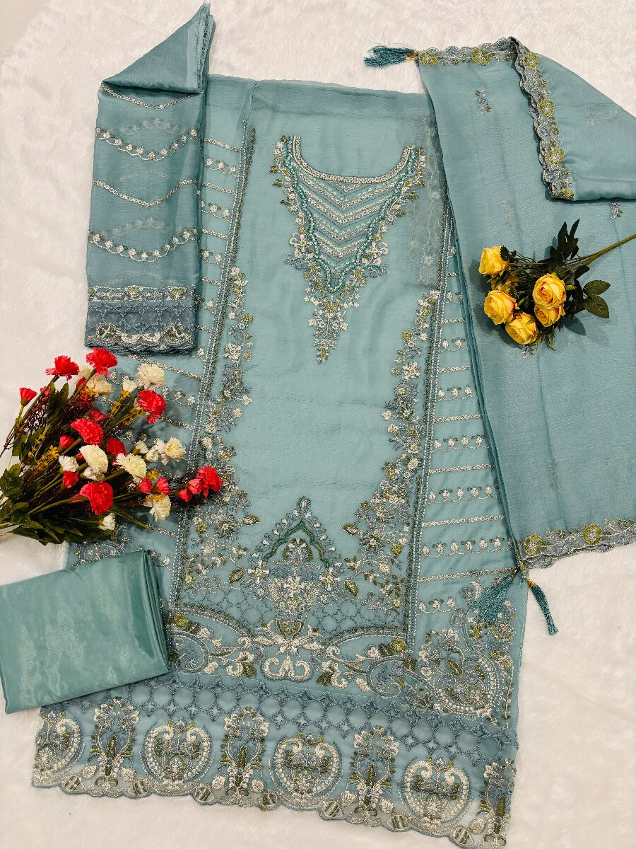 Sky Chiffon Embroidery Zari Sequins Wedding Party Festival Casual Palazzo Pant Salwar Kameez