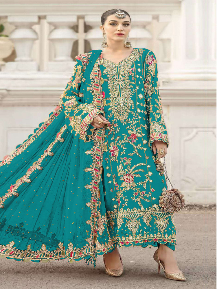 Image of Sky Chiffon Embroidery Zari Sequins Wedding Party Festival Engagement Pant Salwar Kameez