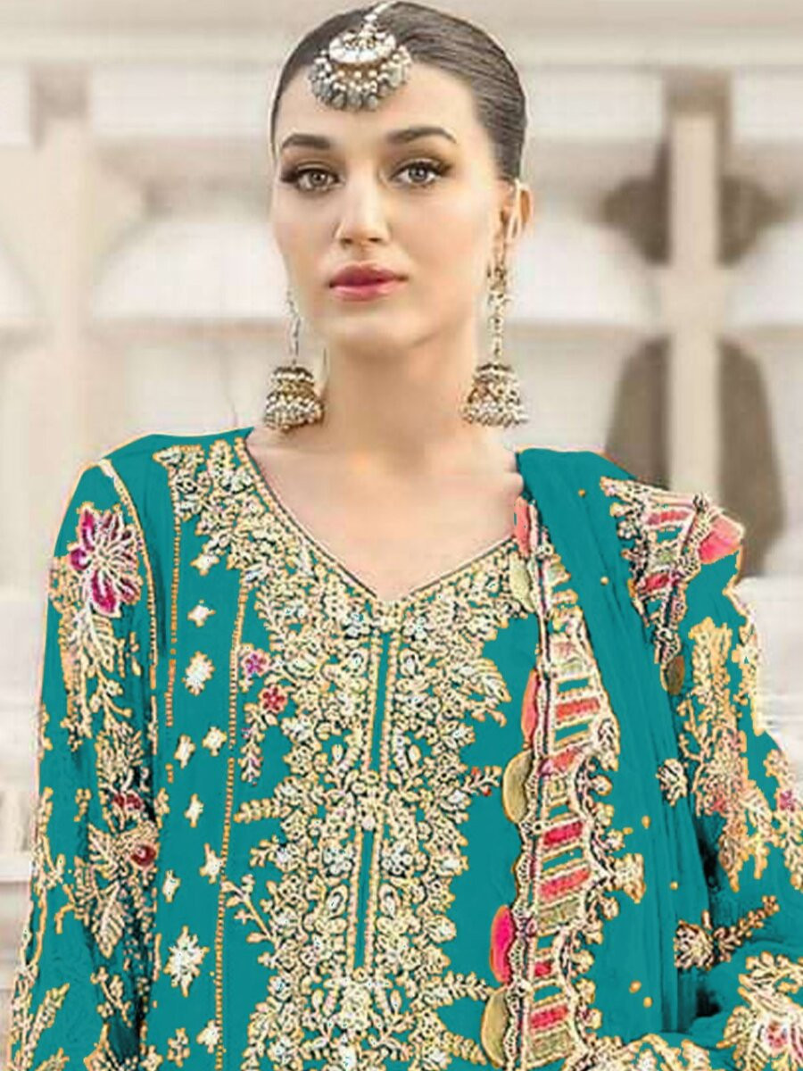 Sky Chiffon Embroidery Zari Sequins Wedding Party Festival Engagement Pant Salwar Kameez