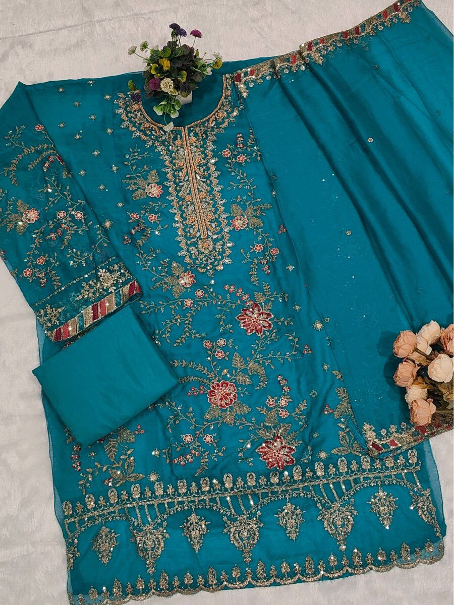 Sky Chiffon Embroidery Zari Sequins Wedding Party Festival Engagement Pant Salwar Kameez