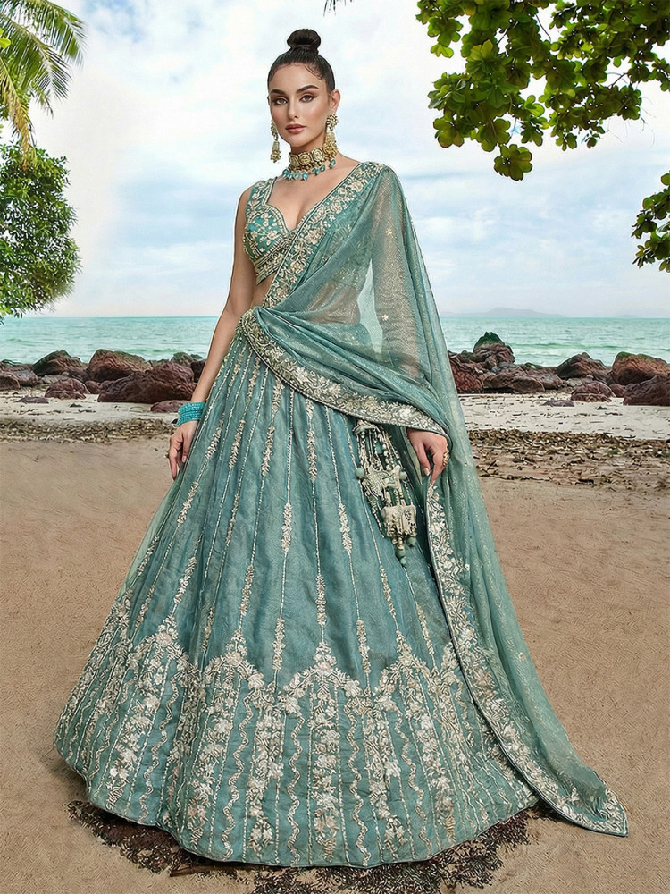 Image of Sky Chiffon Embroidery Zari Sequins Wedding Reception Party Wear Festival Heavy Border Lehenga Choli
