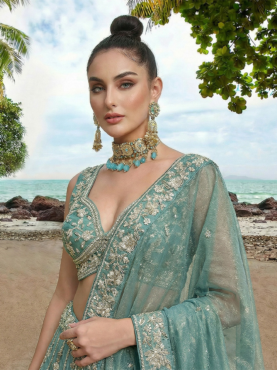 Sky Chiffon Embroidery Zari Sequins Wedding Reception Party Wear Festival Heavy Border Lehenga Choli