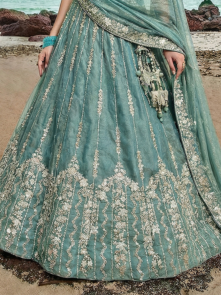 Sky Chiffon Embroidery Zari Sequins Wedding Reception Party Wear Festival Heavy Border Lehenga Choli