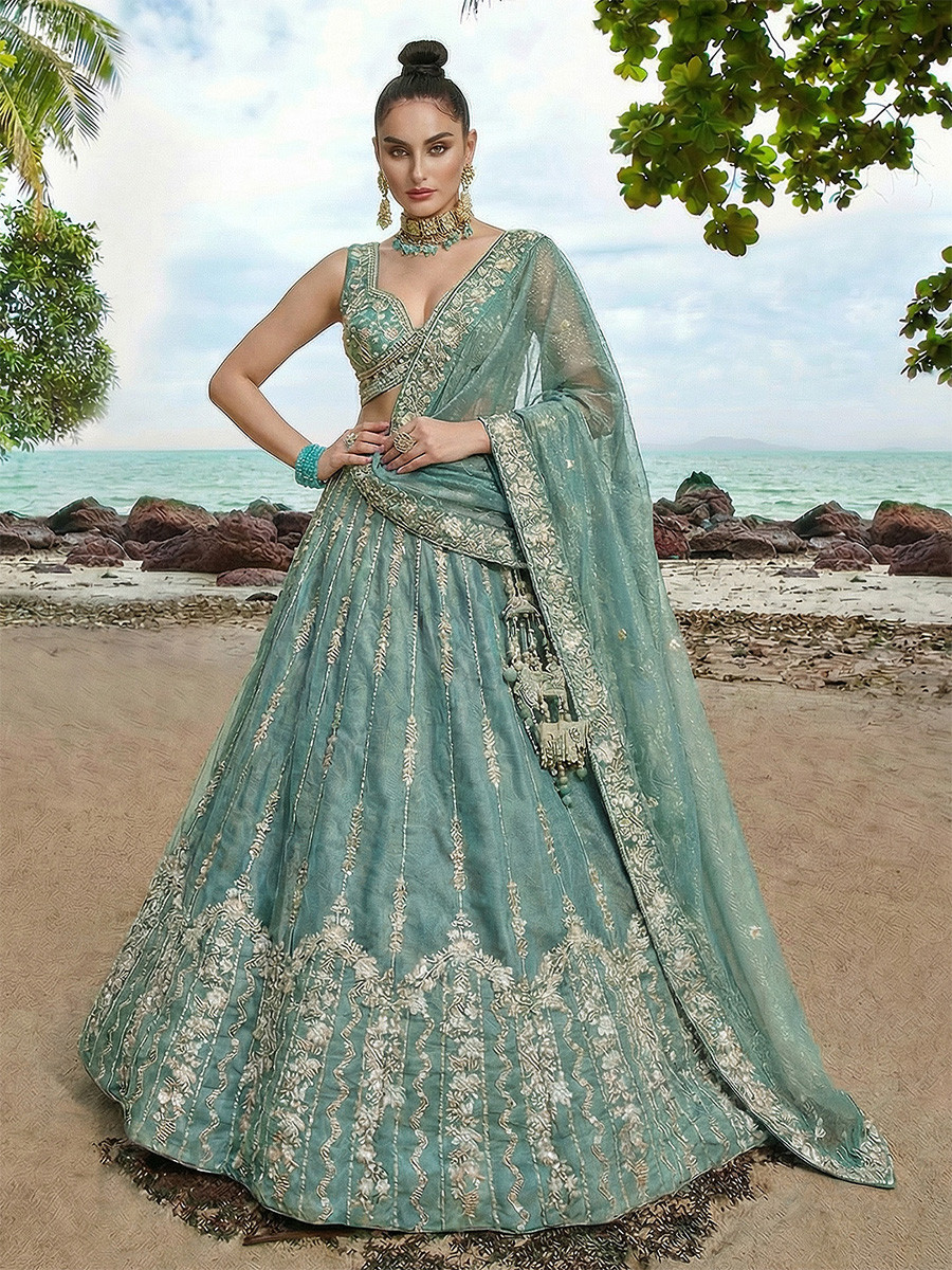 Sky Chiffon Embroidery Zari Sequins Wedding Reception Party Wear Festival Heavy Border Lehenga Choli