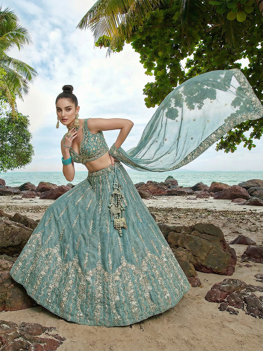 Sky Chiffon Embroidery Zari Sequins Wedding Reception Party Wear Festival Heavy Border Lehenga Choli