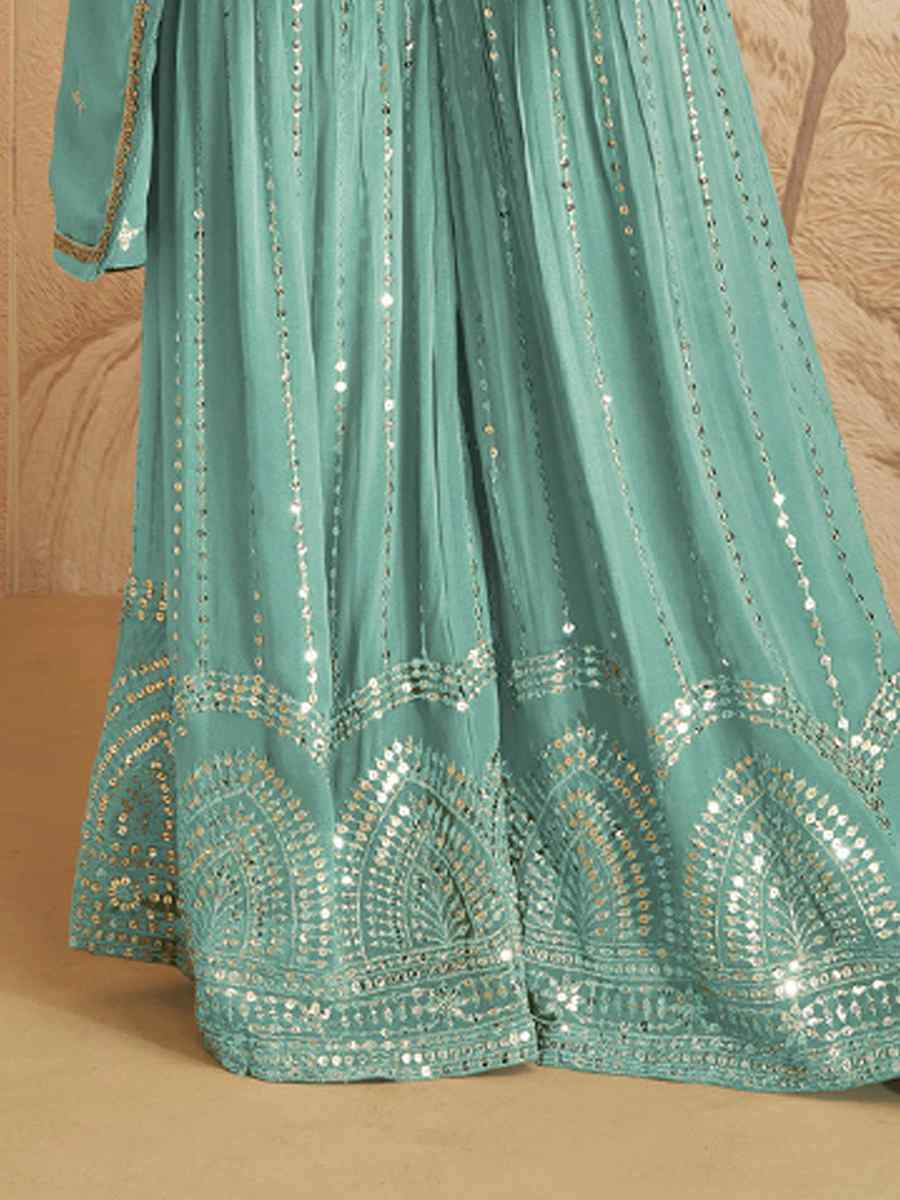 Sky Chinon Crub Embroidered Festival Wedding Palazzo Pant Salwar Kameez
