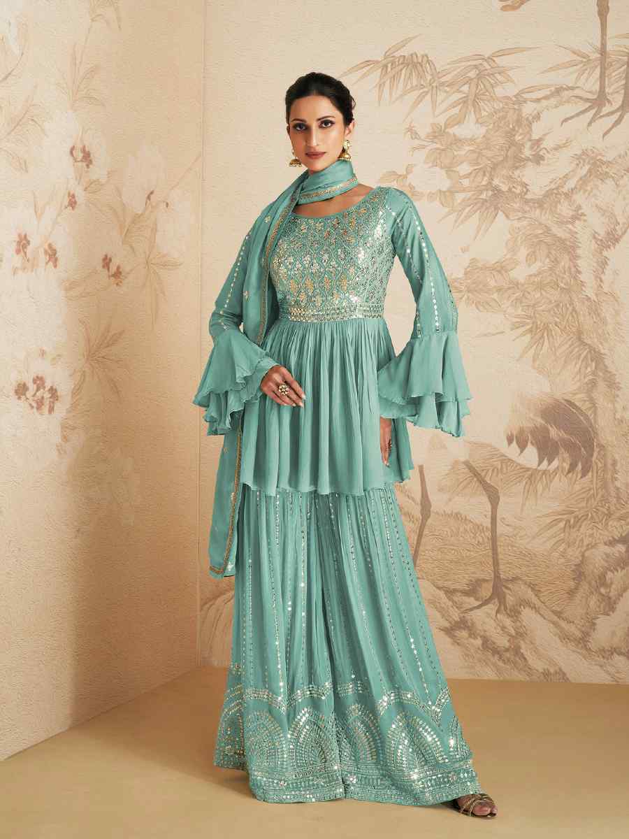 Sky Chinon Crub Embroidered Festival Wedding Palazzo Pant Salwar Kameez