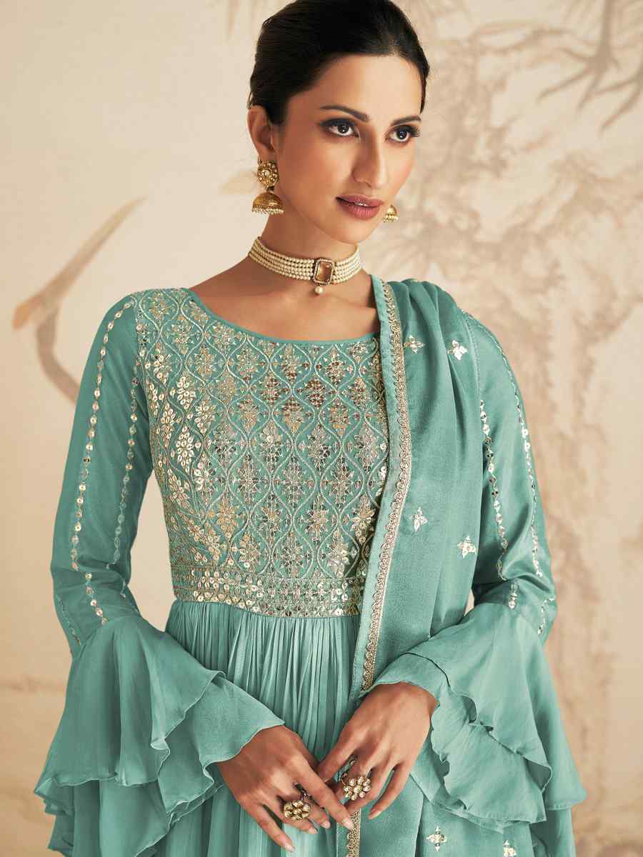 Sky Chinon Crub Embroidered Festival Wedding Palazzo Pant Salwar Kameez