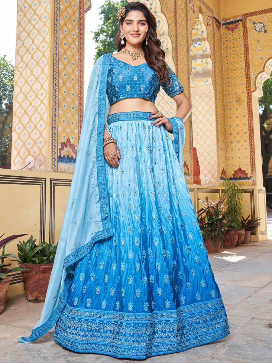 Sky Chinon Embroidered Festival Wedding Circular Lehenga Choli
