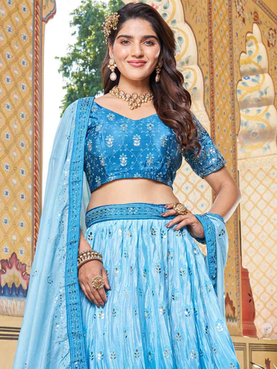 Sky Chinon Embroidered Festival Wedding Circular Lehenga Choli