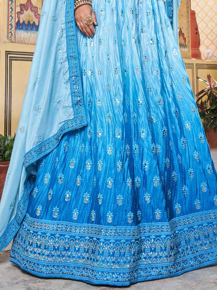 Sky Chinon Embroidered Festival Wedding Circular Lehenga Choli