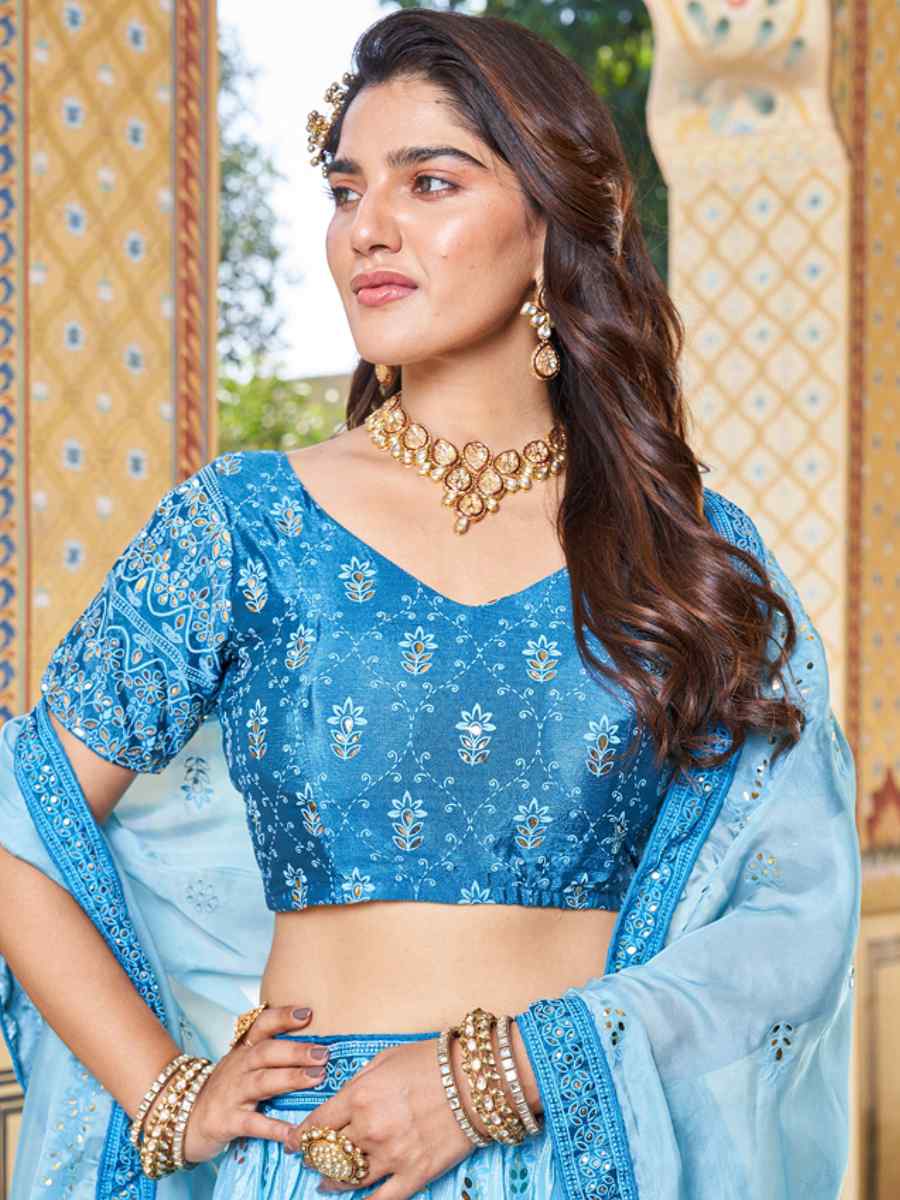 Sky Chinon Embroidered Festival Wedding Circular Lehenga Choli