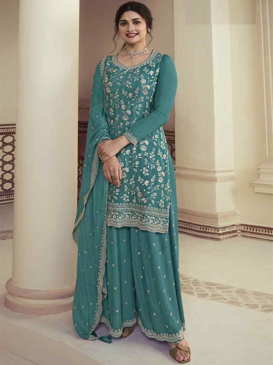 Sky Chinon Embroidered Festival Wedding Palazzo Pant Salwar Kameez