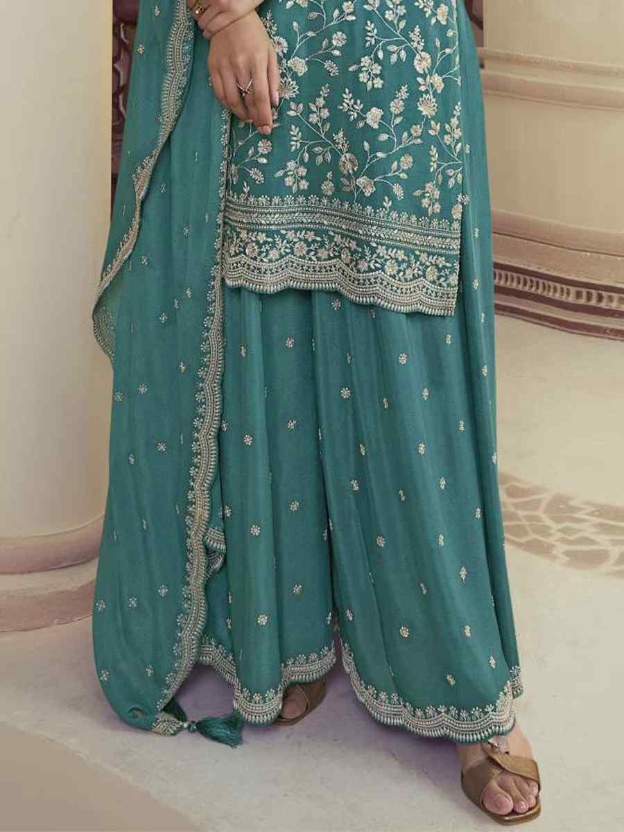 Sky Chinon Embroidered Festival Wedding Palazzo Pant Salwar Kameez