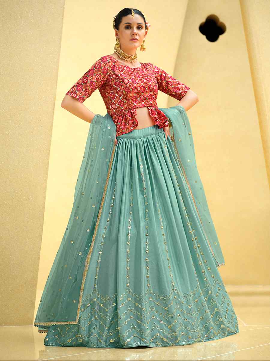 Sky Chinon Silk Embroidered Festival Wedding Kurti Lehenga Choli
