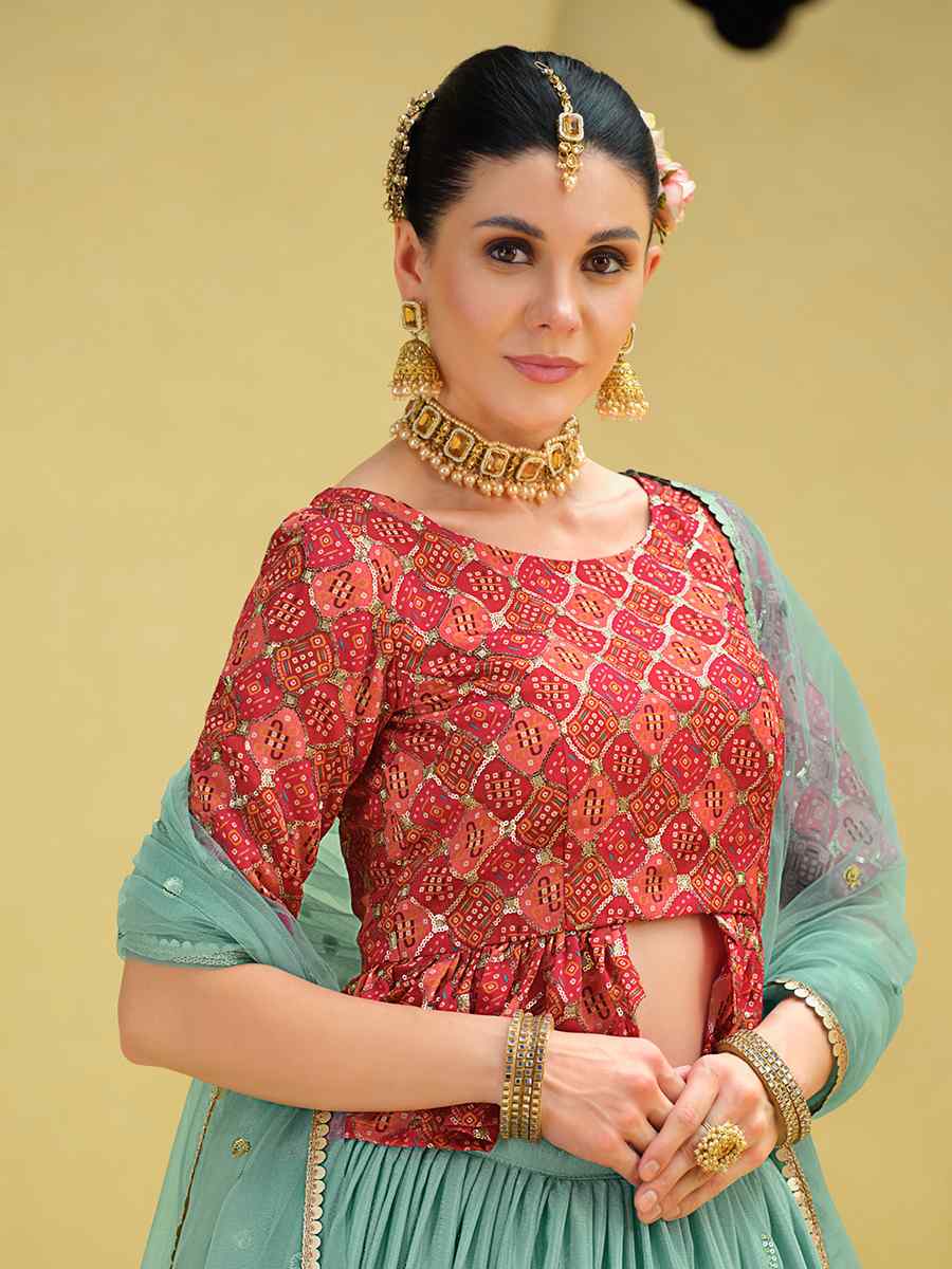 Sky Chinon Silk Embroidered Festival Wedding Kurti Lehenga Choli