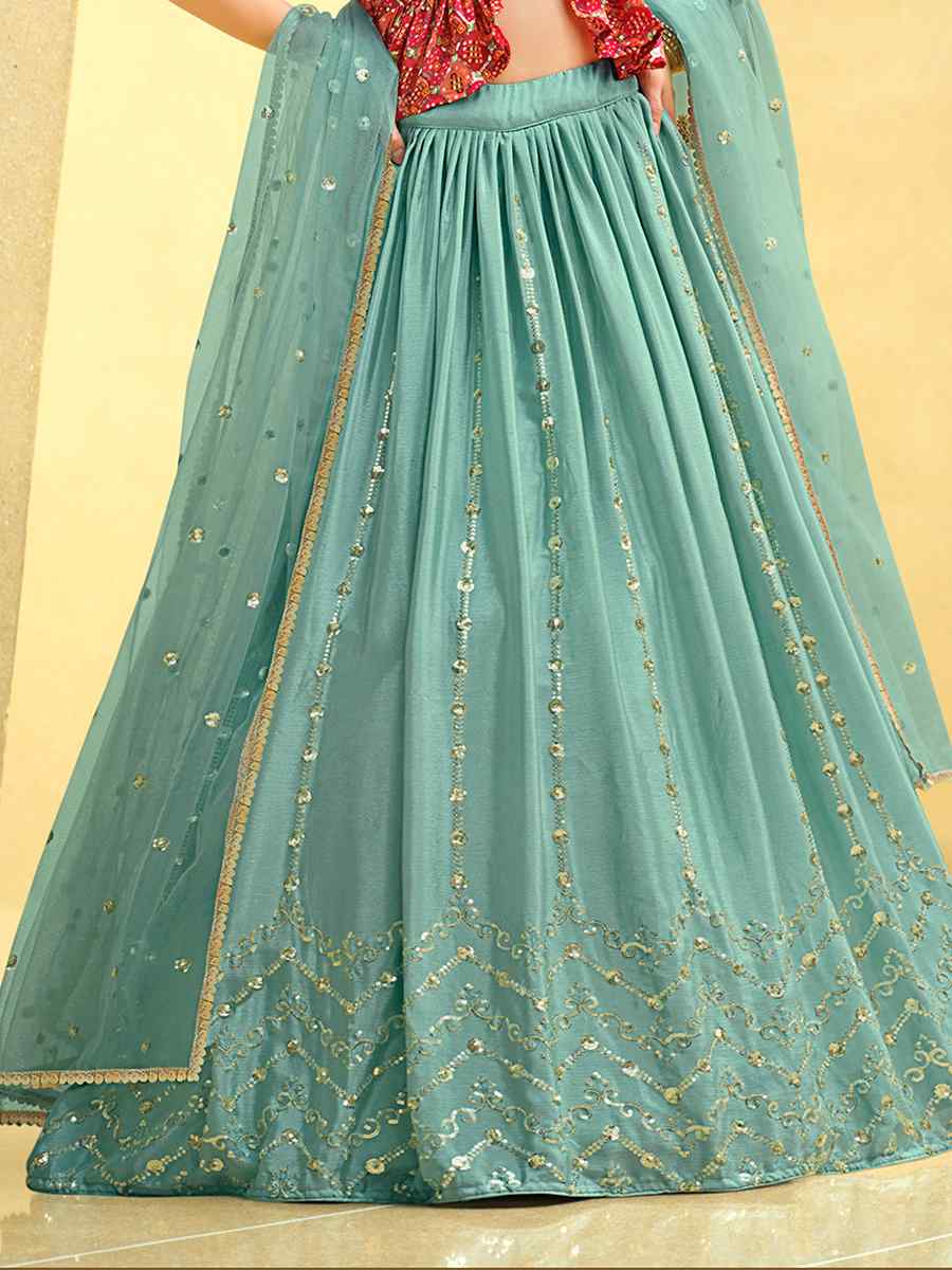 Sky Chinon Silk Embroidered Festival Wedding Kurti Lehenga Choli
