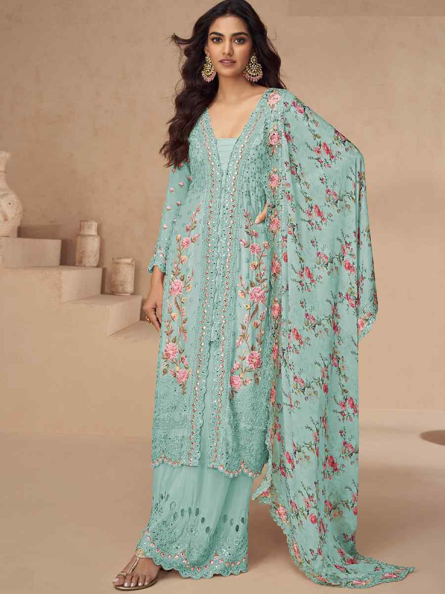 Sky Chinon Silk Embroidered Party Casual Ready Palazzo Pant Salwar Kameez