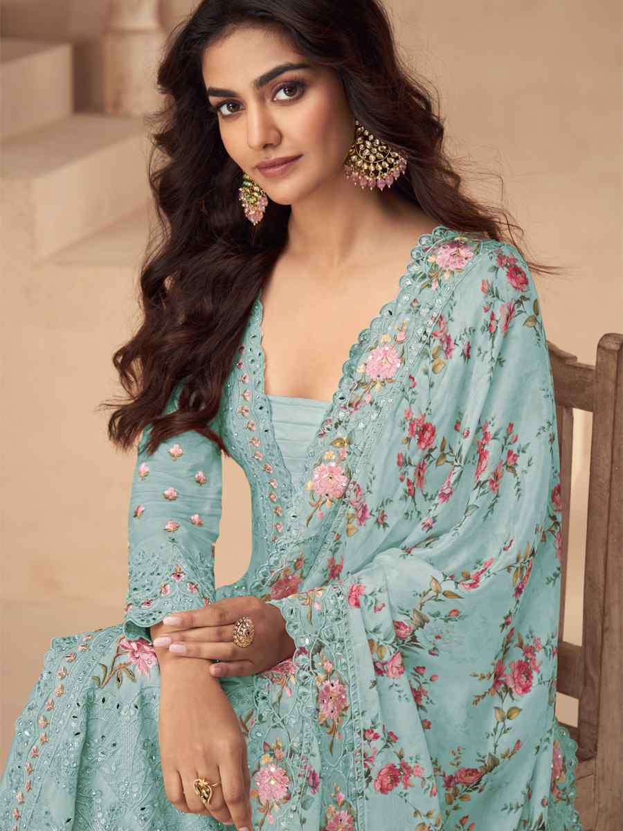 Sky Chinon Silk Embroidered Party Casual Ready Palazzo Pant Salwar Kameez