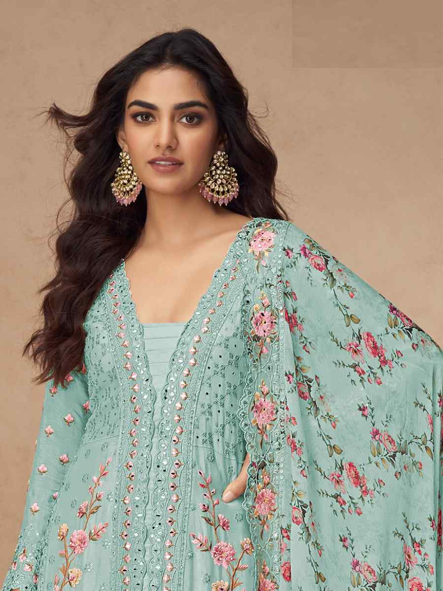 Sky Chinon Silk Embroidered Party Casual Ready Palazzo Pant Salwar Kameez