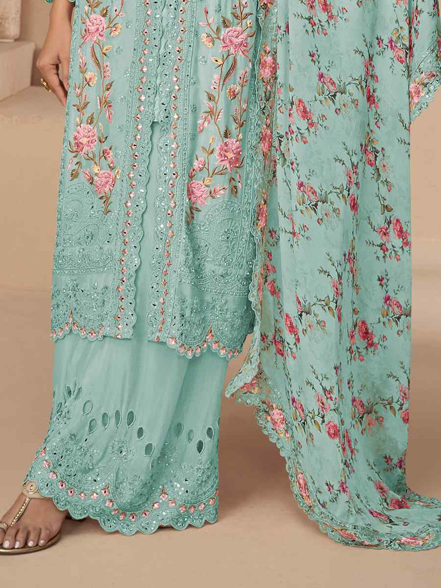 Sky Chinon Silk Embroidered Party Casual Ready Palazzo Pant Salwar Kameez