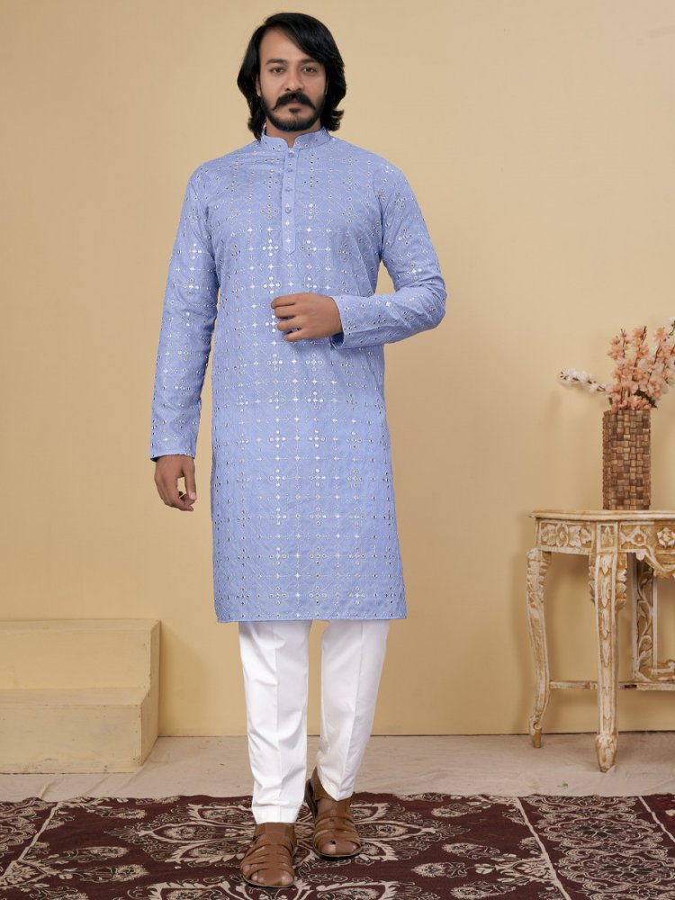 Sky Cotton Embroidered Festival Casual Kurta