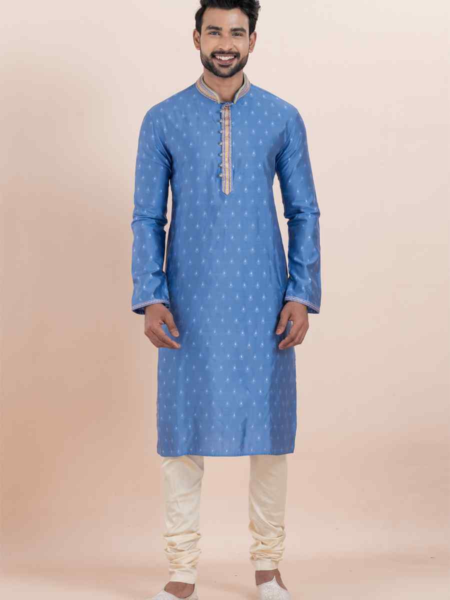 Sky Cotton Silk Jacquard Embroidered Festival Wedding Kurta Pyjama Men039s Wear
